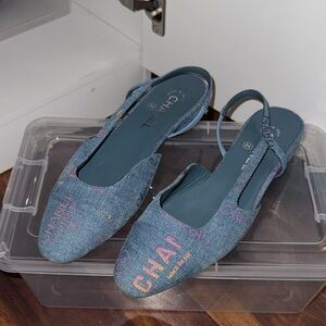 CHANEL Denim Embroidered Slingback Flats